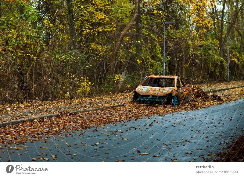 Car wreck in autumn car Broken broken corrupted Rust gutted scrapped Autumn Autumn leaves Foliage colouring Wrecked car off Street Country road Scrap metal