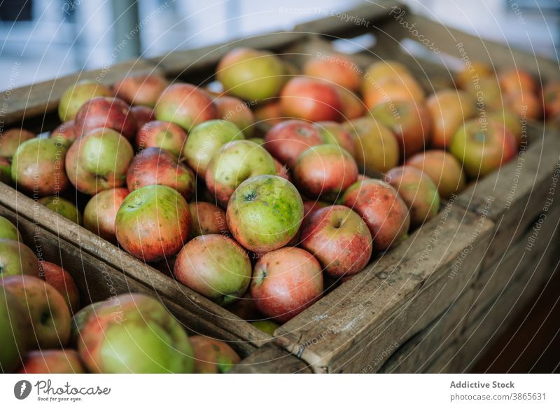 Organic ripe apples in wooden box fresh organic natural bio market harvest food fruit healthy nutrition grocery product vitamin agriculture retail container