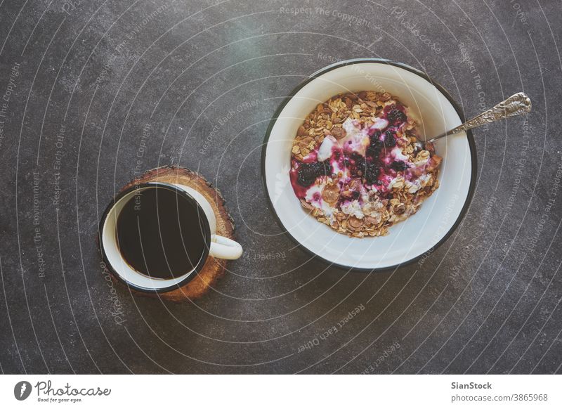 Breakfast with coffee and fruits background black light fresh plate breakfast morning day food textured flowing dipper sweet hot meal delicious tasty table