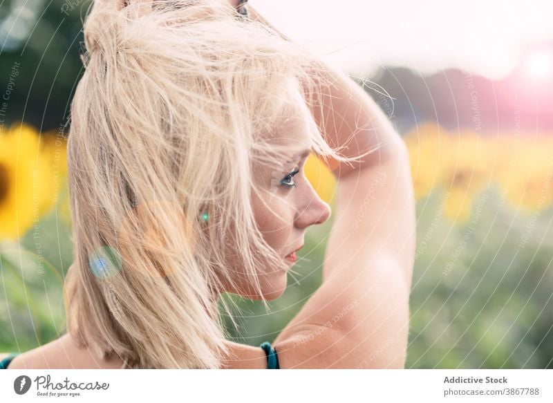 Sensual woman relaxing in sunflower field smell sensual blond thoughtful enjoy summer bloom hair nature positive young female blossom countryside fresh lady