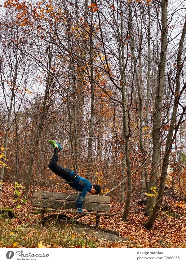 Bench press in a different way :-) Park bench Forest Autumn Sports Athletic trees Tree Nature Landscape Environment Gymnastics press the bench push-up