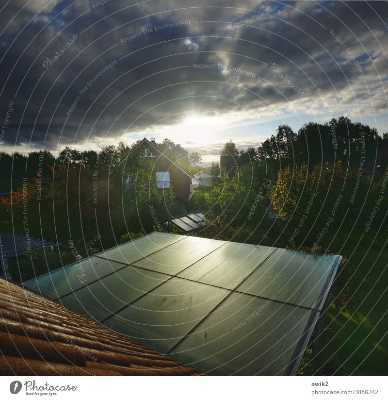 Canopy outlook Garden Nature Clouds Sky Idyll Bushes trees Sun Sunlight Back-light Window Reflection Winter garden Skylight Glass Glass roof Terrace Deserted