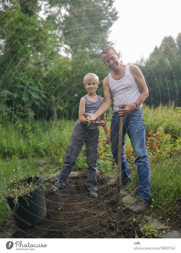 Childhood | Potato Harvest II Potato harvest contented fortunate grandpa Grandchildren in common at the same time Action labour dig up Indicate Garden Earth