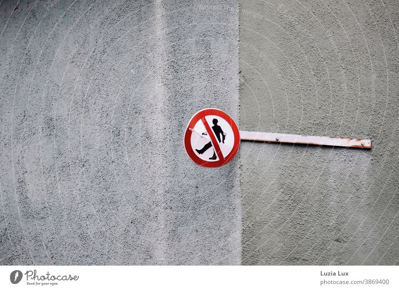 Pedestrians, staggering along the way Signs and labeling sign In transit Strange Facade rusty Rust Red Clue peril house wall Gray Green Olive esteem Signage