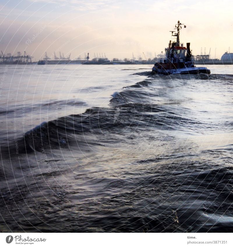 wave pool ship Water Elbe Horizon Hamburg Harbour Sky Wet Moody evening light boat Maritime port management Crane logistics