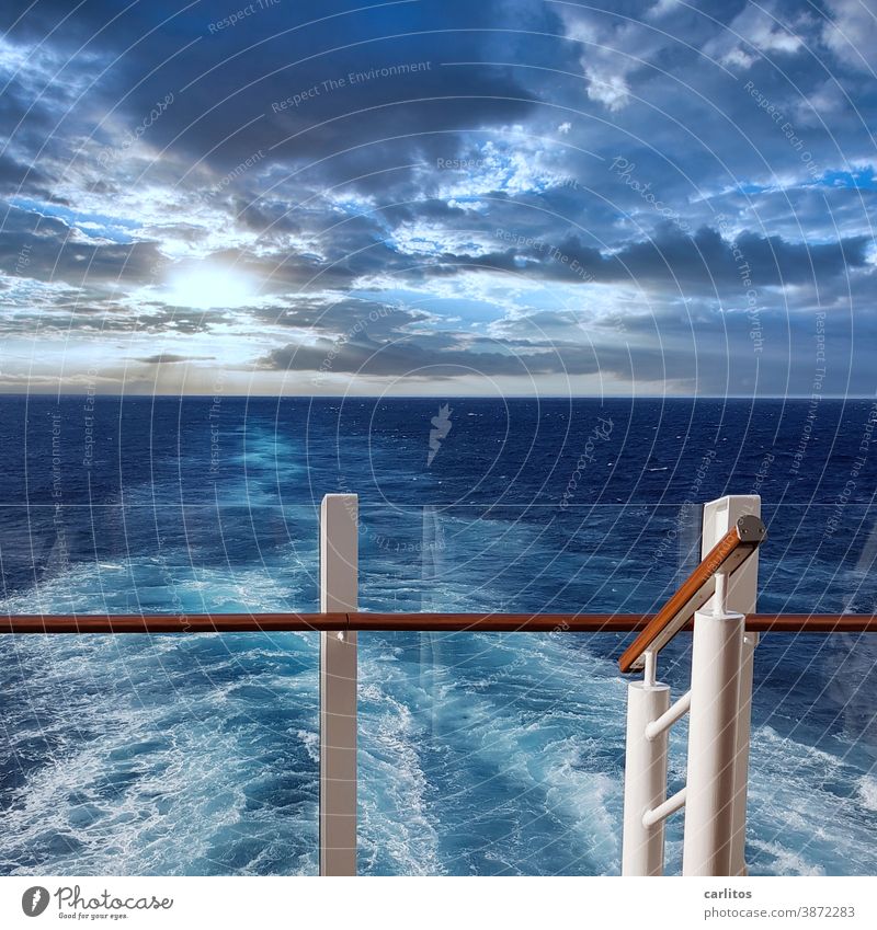 Rear wave | only who drives away somewhere, can arrive somewhere else Atlantic Ocean ocean Water Blue Waves rear wave ship Stern parapet rail Glass Foam