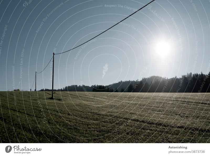 Power line in cold field power line Transmission lines stream Electricity pylon Landscape Nature Cold chill Agriculture Sun Autumn Back-light Forest