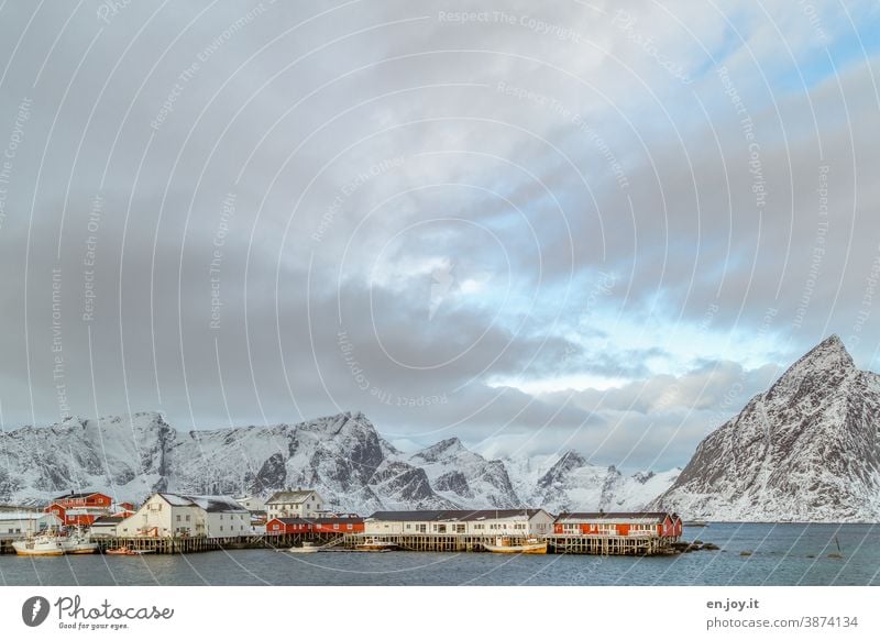 The port of Hamnoy on the Lofoten with fishing boats in winter hamnoy Lofotes Norway Scandinavia Harbour Mountain Snowcapped peak Vacation & Travel Fjord Reine