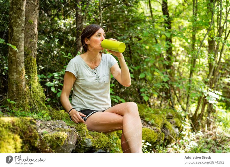 Traveling woman drinking water in woods traveler forest trekking relax explorer tourist female break bottle fresh sit stone moss summer recreation thirst nature