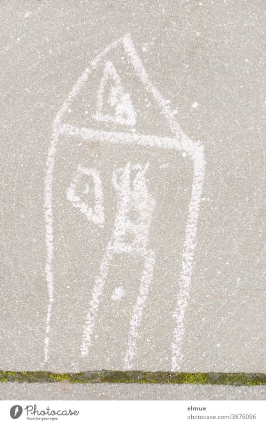 House - painted with white chalk by a child on a grey pavement slab, with a green joint House (Residential Structure) Children's drawing