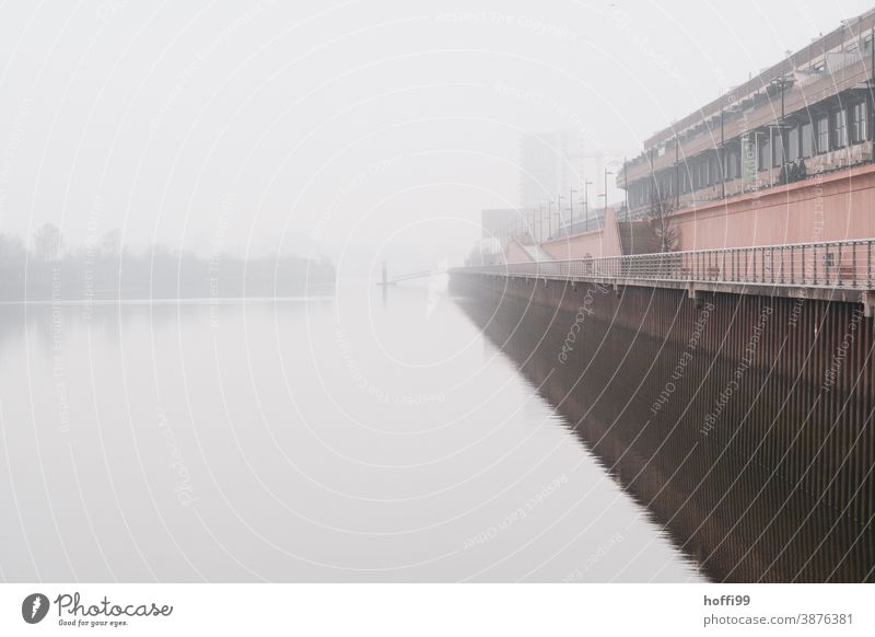 Fog on the quay in the harbour Ferry autumn fog Autumnal weather Shroud of fog pier Harbour Winter Weather Footbridge Lamp Jetty Water Navigation River bank Bay