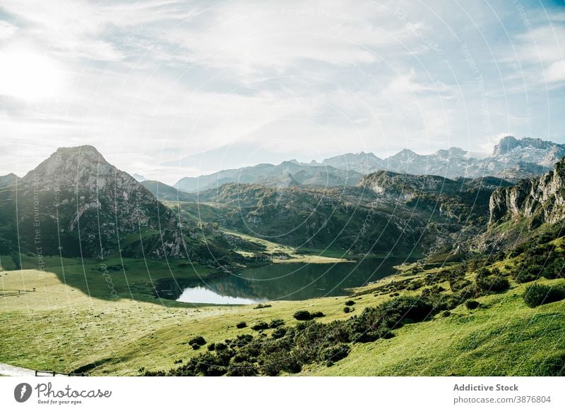 Amazing mountains reflecting in calm lake reflection highland pond surface smooth landscape scenery rock water area nature environment serene peak range mirror