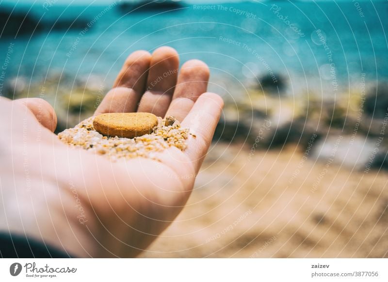 Close-up of a hand holding up a brown pebble and some sand shingle human touch feel explore connection sunlight day outdoors mineral texture beach nature