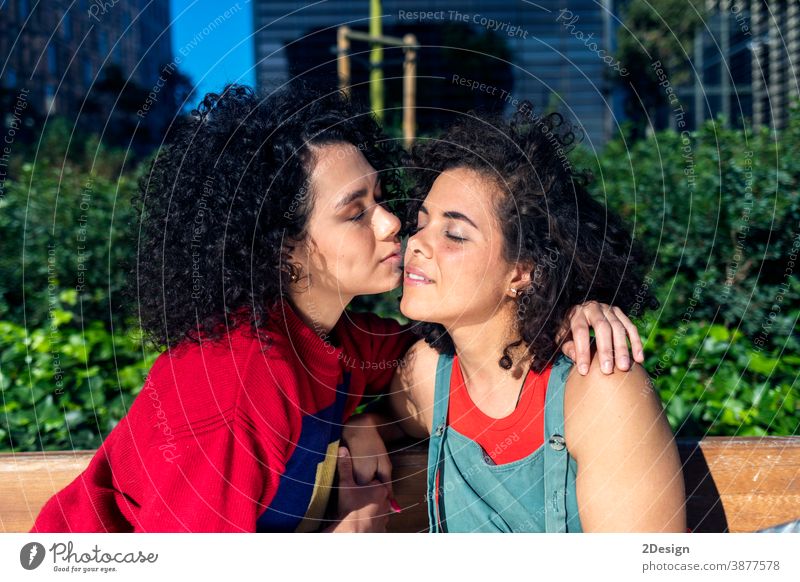 Smiling lesbian couple embracing and relaxing on a park bench woman bonding person homosexual love lifestyle female girlfriend happy together friendship