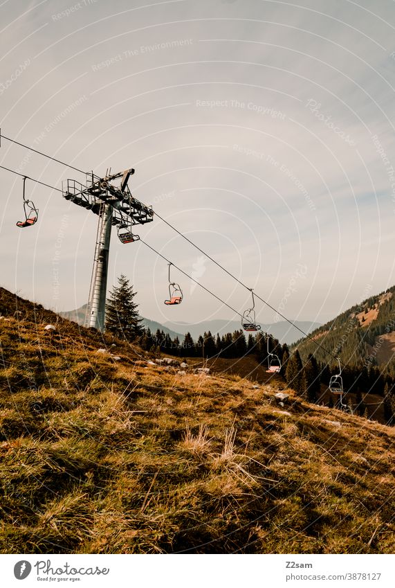 Mountain landscape in the Bavarian Alps with chairlift Hiking autumn colours Autumn outtdoor Trip Movement hiking tour Sky Blue variegated Relaxation free time