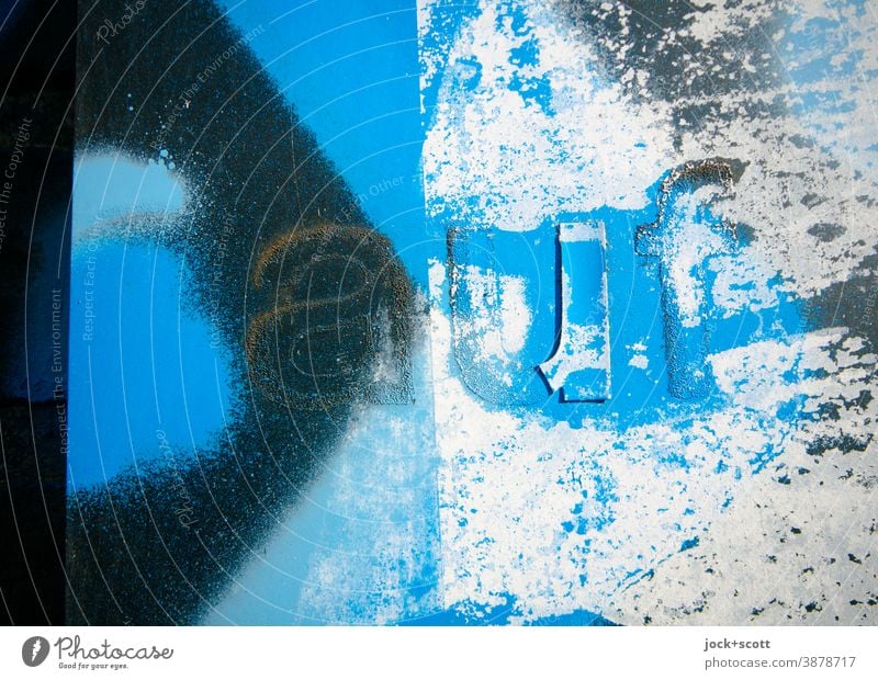 sprayed surface with the word on Surface Blue Spray Street art Subculture Paint traces Creativity Detail Word Typography Abstract Signs and labeling