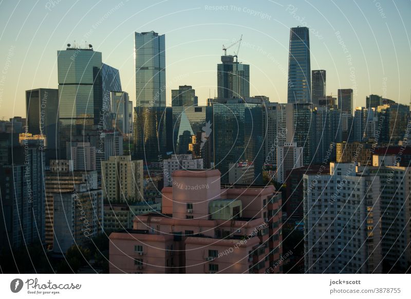 Banking district in the evening light High-rise Office building Skyline Downtown Tower block Facade Might Authentic Capital city Beijing City Dusk Architecture