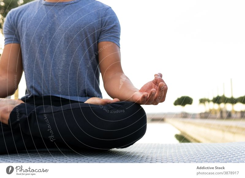 Tranquil man mediating in Lotus pose in park lotus pose meditate yoga harmony asana padmasana flexible legs crossed practice male mat relax calm balance sit