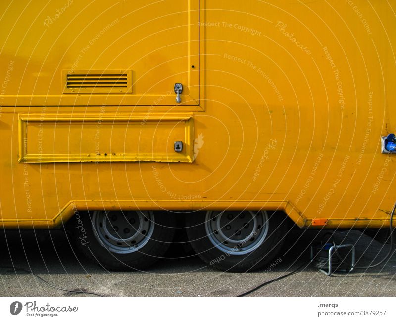 Sausage stand closed Mobility Means of transport Farmer's market Market stall Trade Trailer Stalls and stands Yellow Closed Caravan Close-up