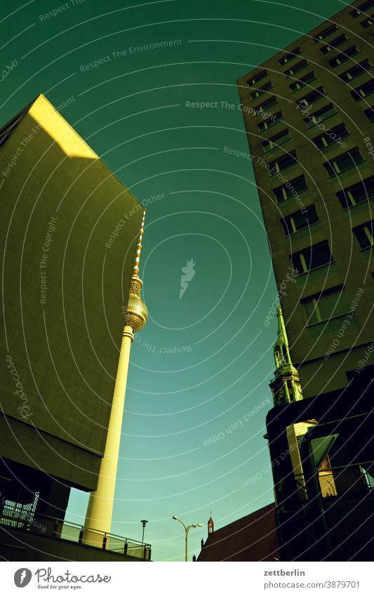 Television tower, Marienkirche and nameless houses in the Karl-Liebknecht-Straße alex Alexanderplatz Architecture Berlin Office city Germany Worm's-eye view