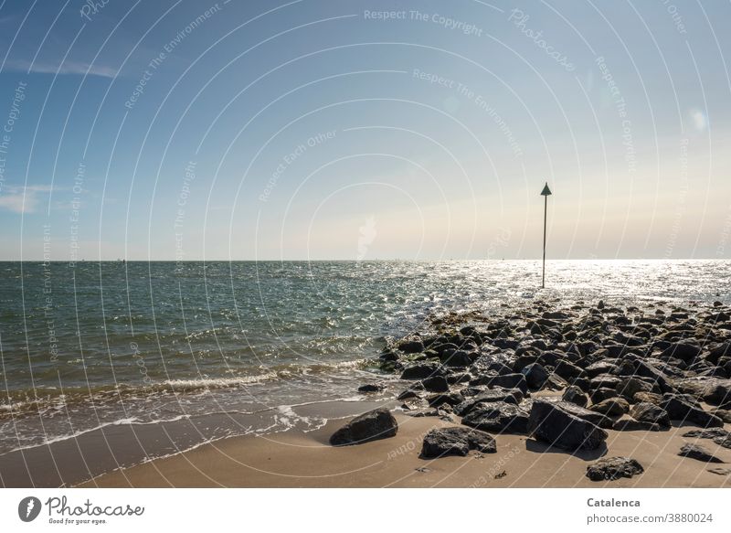 Stones, sand, sea, navigation signs, blue sky; it's all there. daylight Day Sky Waves Surf Stony stones Ocean Beach coast Nature Landscape Beautiful weather