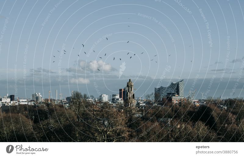 View over Hamburg including Bismarck statue and Elbphilharmonie Concert Hall Elbe Philharmonic Hall elphi Statue Bismarck Monument Germany Blue sky seagulls