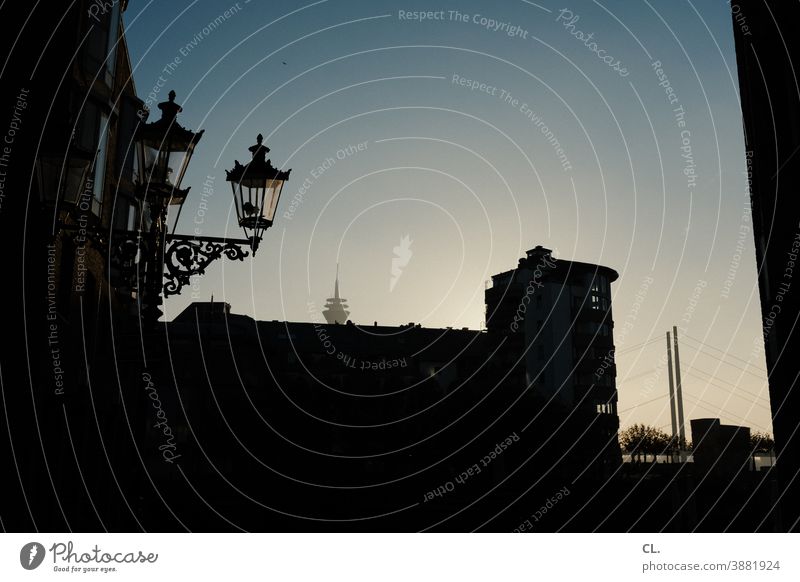 Düsseldorf Duesseldorf Rheinturm Lantern Bridge Rhine Town Evening Dark Sky Beautiful weather Cloudless sky Landmark Architecture Deserted Tourist Attraction