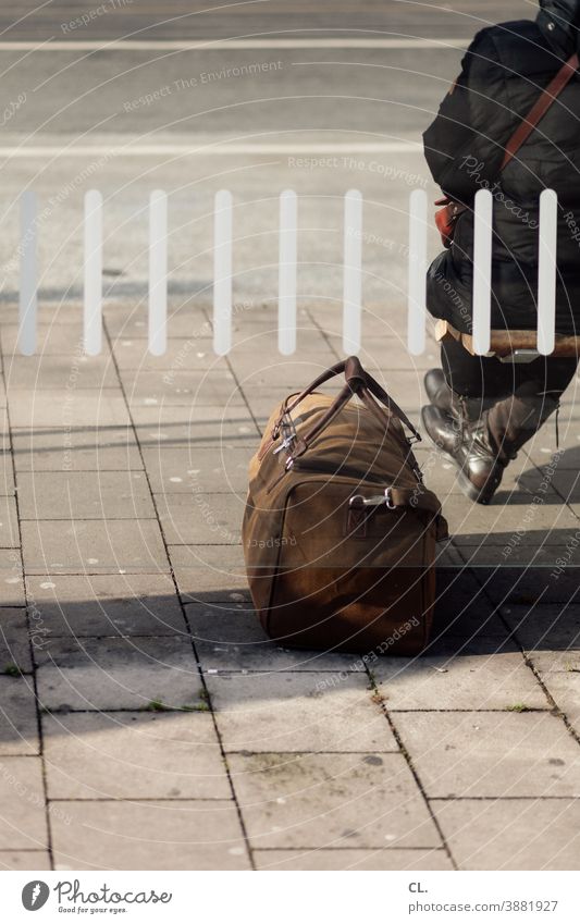 bus stop Stop (public transport) Departure travel Bag Luggage Wait Trip voyager Suitcase Winter Street Bus terminal