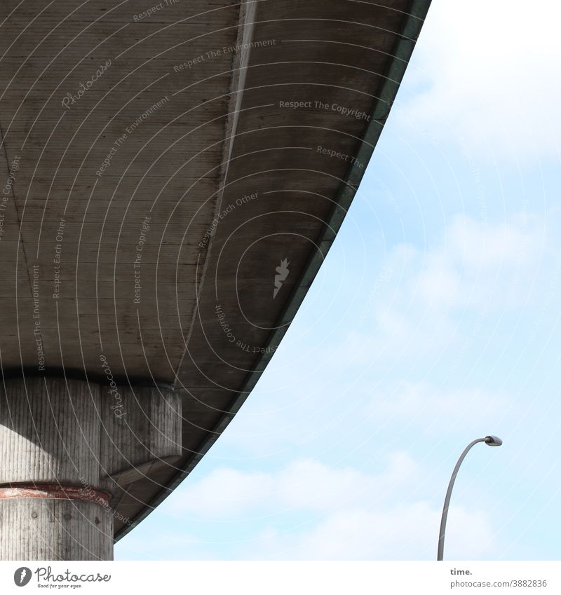 Neighborhoods | bent pride Bridge Lantern street lamp Sky Clouds Concrete Steel Large Small Fat Thin Pride avert flexed Material Architecture Manmade structures