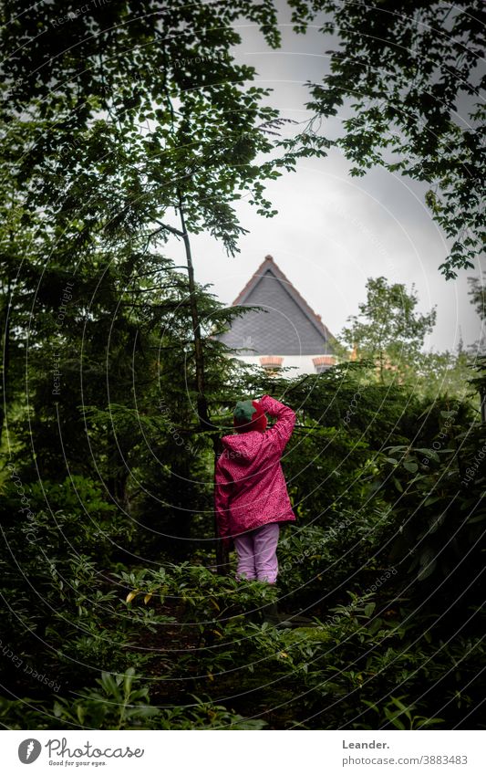 Child seeks Toddler Red Rain Rain jacket Early fall Autumn late summer Forest House (Residential Structure) Garden Green Nature plays Kindergarten Hide Playing