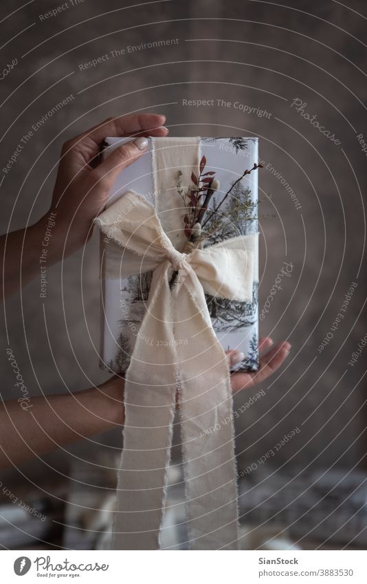 Woman's hands show a gift box season modern black congratulation isolated romantic valentine holding closeup craft winter bow reward vintage present holiday