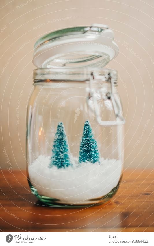 White Christmas in a jar - Two small Christmas trees on snow in a preserving jar fir trees Decoration Christmas decoration Glass Fairy lights Christmassy