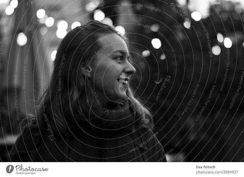 WOMAN - DARK - LIGHTS Woman Young woman 25-29 years old Hipster Alternative Adults Exterior shot Black & white photo Long-haired Looking away