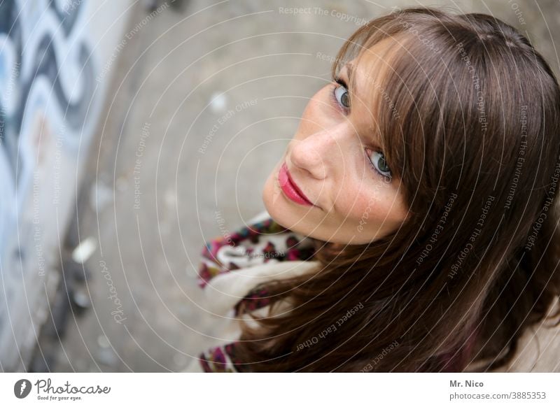 View upwards Upward Bird's-eye view Looking into the camera look up Long-haired Ease Smiling Hair and hairstyles pretty Happy Face Emanation Delightful