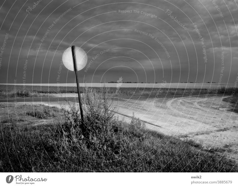 rear sign Rear side Road sign Roadside Lanes & trails Bushes Sky Clouds Dark Contrast Exterior shot Deserted Signs and labeling Transport Traffic infrastructure