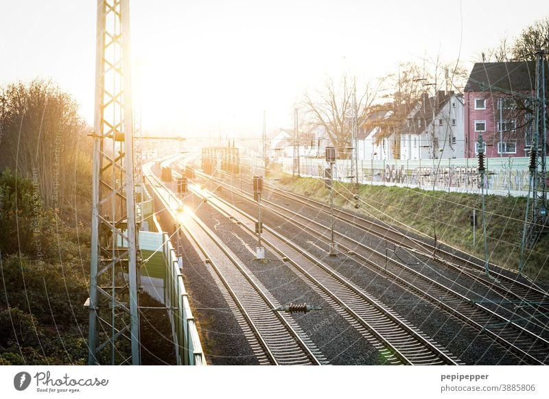 Railway tracks Railroad Railroad tracks Speed Transport Train station Vacation & Travel Express train Evening Platform Rail transport Train travel