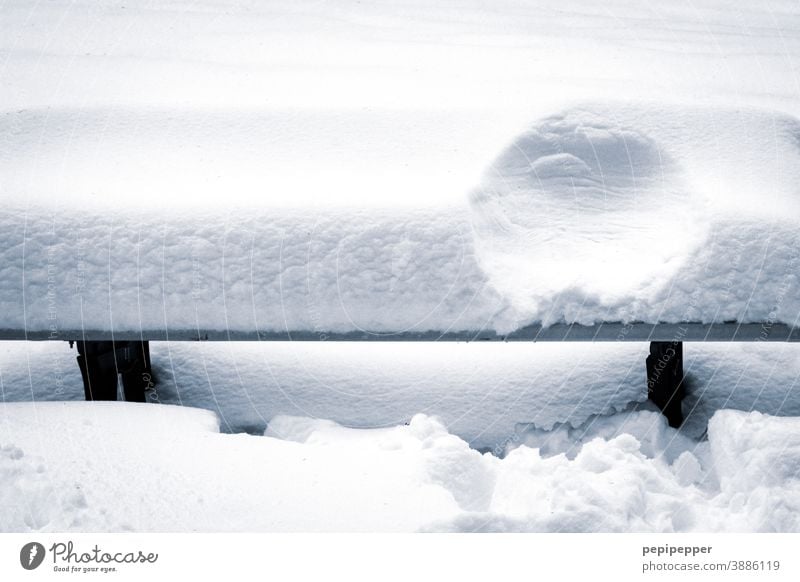 Snow-covered bench with butt print Winter Bench Loneliness Cold Frost Ice Calm Exterior shot White Freeze Deserted Frozen Nature Park bench Close-up Hoar frost