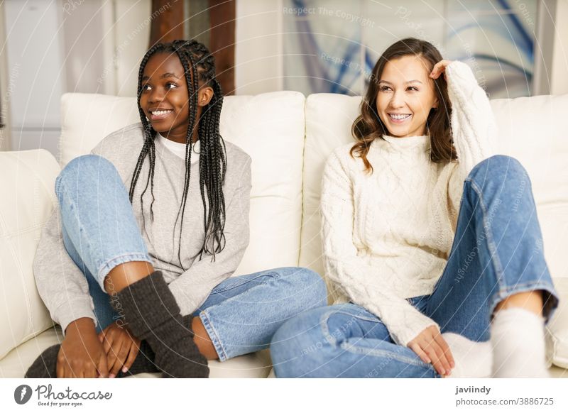 Two female student friends smiling together on the couch at home. women multiethnic multiracial laughing house black afro lifestyle girl smile two fun people