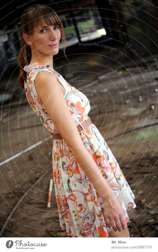 another summer dress Summer dress Dress Fashion lost places Ruin Self-confident Lifestyle Industrial plant Elegant pretty Feminine Hair and hairstyles portrait