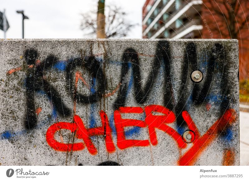 come together | color combination Graffiti Come Exterior shot Chery cherie cherry Honey Orgasm Colour photo Red Characters Deserted Wall (barrier)