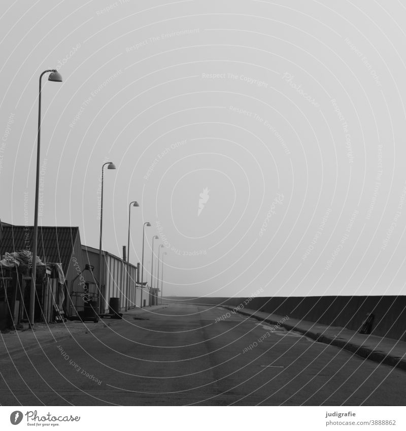 Street lamps on deserted coastal road Traffic infrastructure lanterns streetlamp Black & white photo Denmark Housefront Town Deserted Exterior shot Maritime