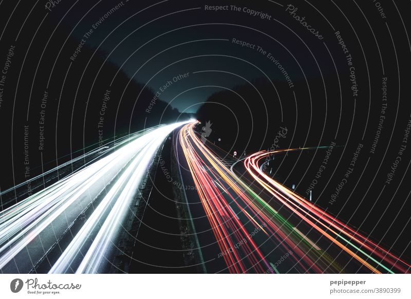 Long time exposure from a motorway bridge onto a motorway Highway Long exposure Night Transport Light Speed Dark Street Car Red White Black Movement Driving