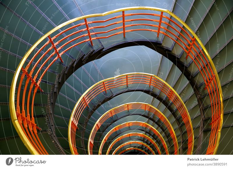 Staircase Staircase (Hallway) banister Hamburg office building interior Hanseatic City Empty nobody Deserted staircases rail Red Green Abstract Interior design