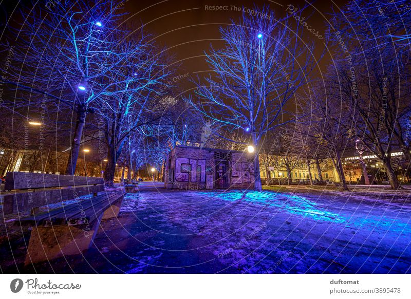 blue illuminated night forest with park bench Forest Blue Illuminated Night Dark Evening Sky Dusk urban Landscape Tree trees Graffiti underworld nightly Winter