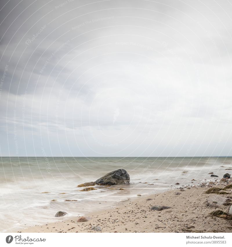 lone rock at the Baltic Sea beach baltic Ocean sea Lake wave woge Water water Sand Beach White white Blue blue Green green Sky sky cloud tranquillity calm