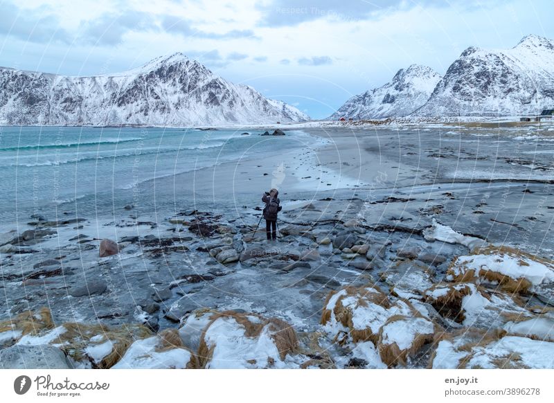 Skagsanden Beach Lofotes Norway Scandinavia Winter Ocean North Sea Rock Landscape Take a photo Photographer Man Snow mountains Ice Frost Exterior shot