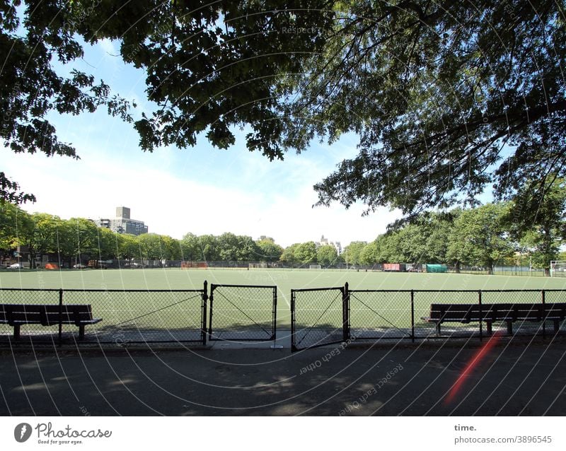 Stories from the Fence (97) Sporting grounds Park Goal Gate admittance sunny Bench Shadow Tree Beautiful weather High-rise trees free time Relaxation