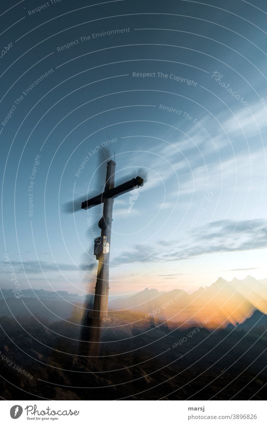 Summit cross on the Gasselhöhe in the first morning light Peak cross Mountain summits symbolism Dawn Alps Hiking Meeting point Religion and faith Belief Hope