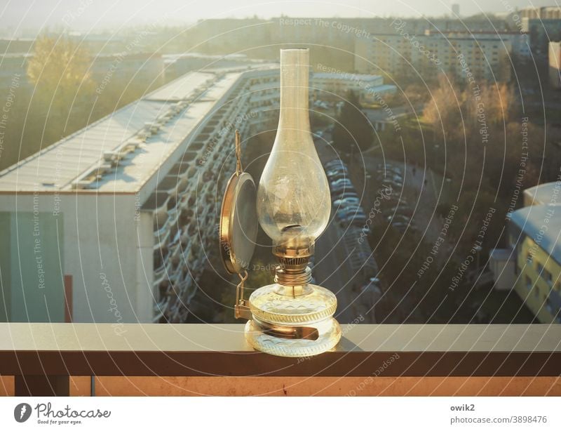 Kerosene lamp Oil lamp balustrade Panorama (View) Horizon Sunlight Balcony Above wide silent Glass Metal Exterior shot Colour photo Deserted Translucent Light