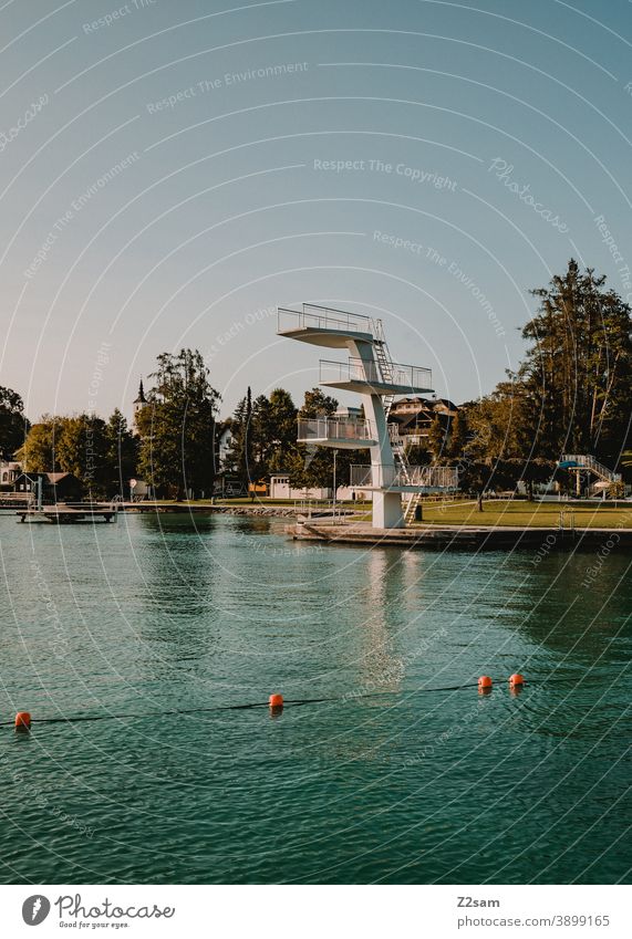 Outdoor pool at the Attersee Lake Attersee Lakeside Water Landscape Nature Colour photo Sky Environment Deserted diving platform Green Turquoise trees